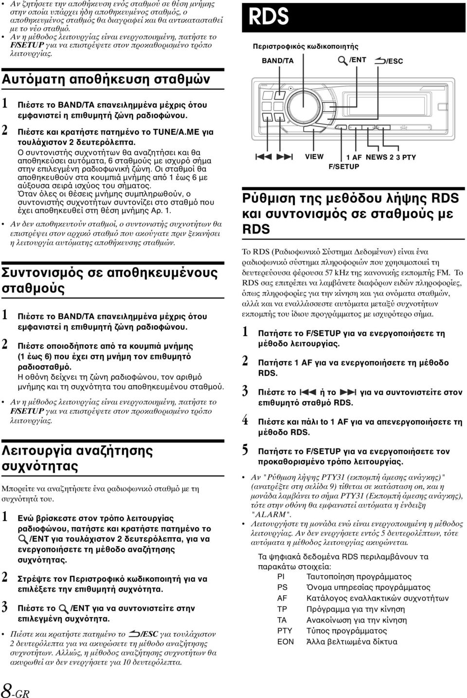 Αυτόµατη αποθήκευση σταθµών RDS Περιστροφικός κωδικοποιητής BAND/TA /ENT /ESC 1 Πιέστε το BAND/TA επανειληµµένα µέχρις ότου εµφανιστεί η επιθυµητή ζώνη ραδιοφώνου.