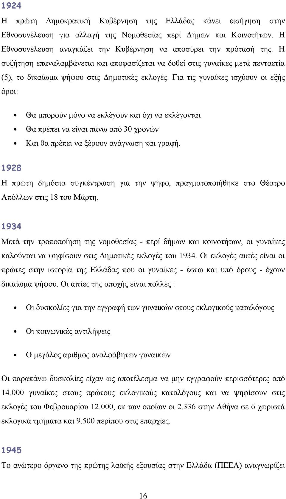 Για τις γυναίκες ισχύουν οι εξής όροι: Θα μπορούν μόνο να εκλέγουν και όχι να εκλέγονται Θα πρέπει να είναι πάνω από 30 χρονών Και θα πρέπει να ξέρουν ανάγνωση και γραφή.