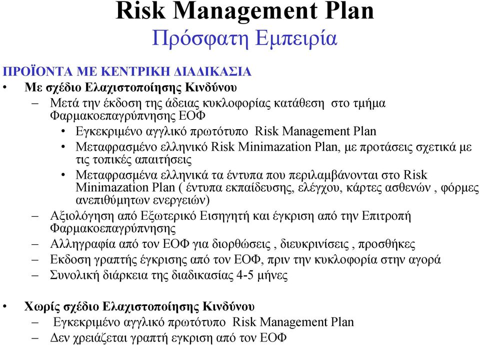 Minimazation Plan ( έντυπα εκπαίδευσης, ελέγχου, κάρτες ασθενών, φόρμες ανεπιθύμητων ενεργειών) Αξιολόγηση από Εξωτερικό Εισηγητή και έγκριση από την Επιτροπή Φαρμακοεπαγρύπνησης Αλληγραφία από τον