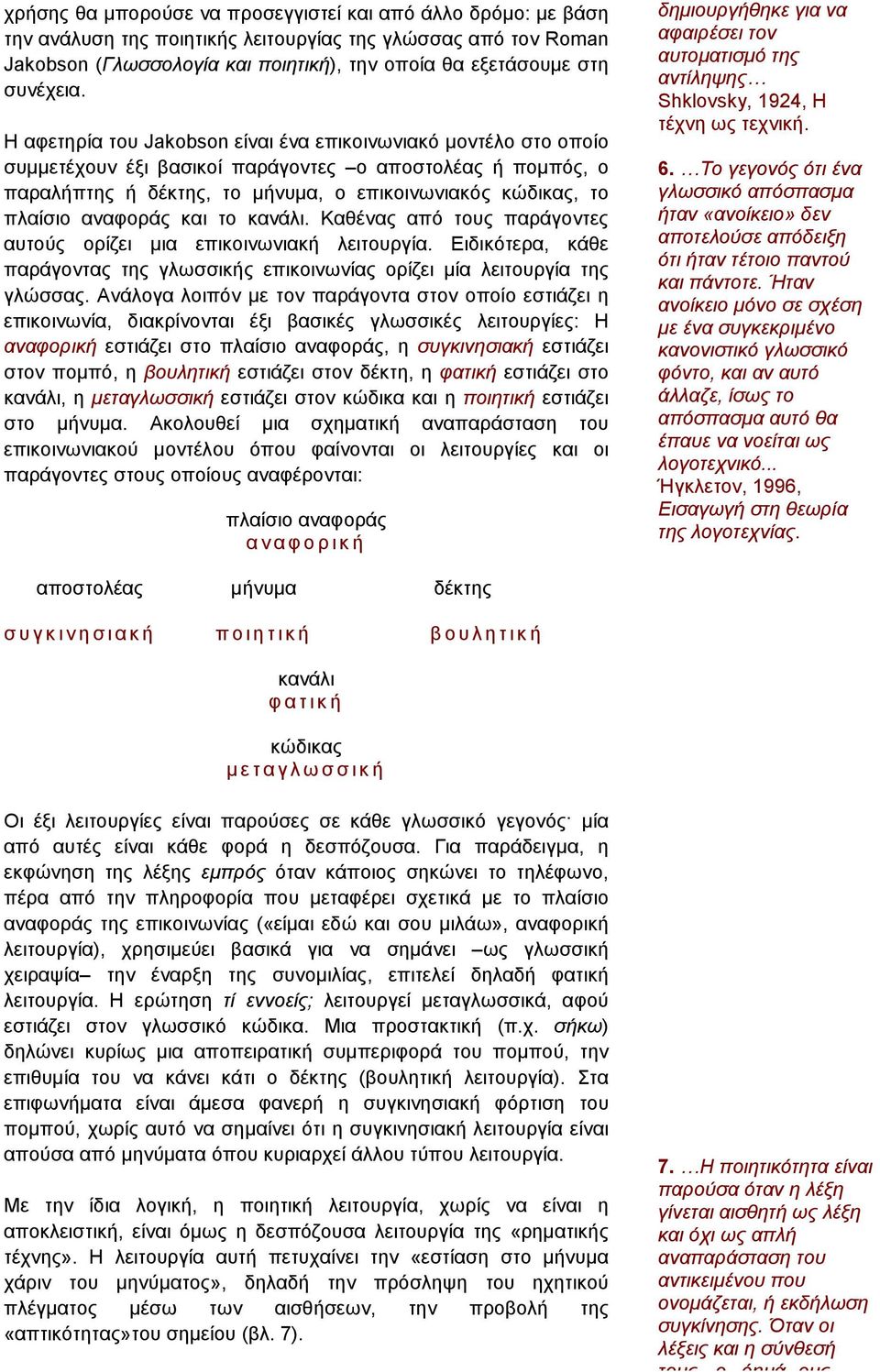 H αφετηρία του Jakobson είναι ένα επικοινωνιακό µοντέλο στο οποίο συµµετέχουν έξι βασικοί παράγοντες ο αποστολέας ή ποµπός, ο παραλήπτης ή δέκτης, το µήνυµα, ο επικοινωνιακός κώδικας, το πλαίσιο