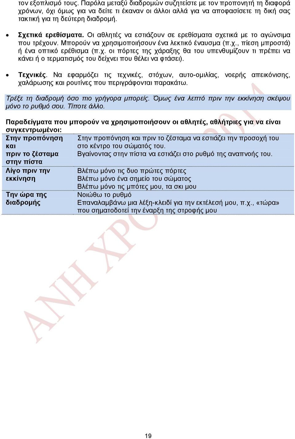 Τεχνικές. Να εφαρμόζει τις τεχνικές, στόχων, αυτο-ομιλίας, νοερής απεικόνισης, χαλάρωσης και ρουτίνες που περιγράφονται παρακάτω. Τρέξε τη διαδρομή όσο πιο γρήγορα μπορείς.