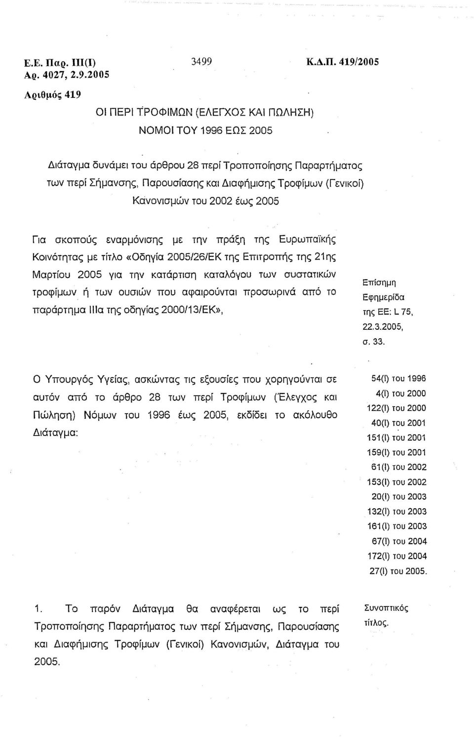 419/2005 Αριθμός 419 ΟΙ ΠΕΡΙ ΤΡΟΦΙΜΩΝ (ΕΛΕΓΧΟΣ ΚΑΙ ΠΩΛΗΣΗ) ΝΟΜΟΙ ΤΟΥ 1996 ΕΩΣ 2005 Διάταγμα δυνάμει του άρθρου 28 περί Τροποποίησης Παραρτήματος των περί Σήμανσης, Παρουσίασης και Διαφήμισης Τροφίμων