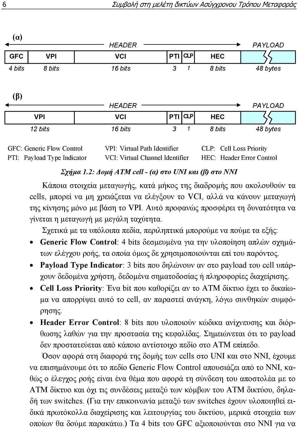 2: οµή ATM cell - (α) στο UNI και (β) στο ΝΝΙ Κάποια στοιχεία µεταγωγής, κατά µήκος της διαδροµής που ακολουθούν τα cells, µπορεί να µη χρειάζεται να ελέγξουν το VCI, αλλά να κάνουν µεταγωγή της