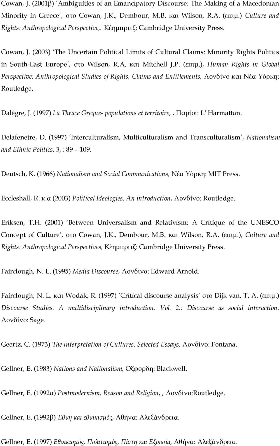 (2003) The Uncertain Political Limits of Cultural Claims: Minority Rights Politics in South-East Europe, στο Wilson, R.A. και Mitchell J.P. (επιµ.