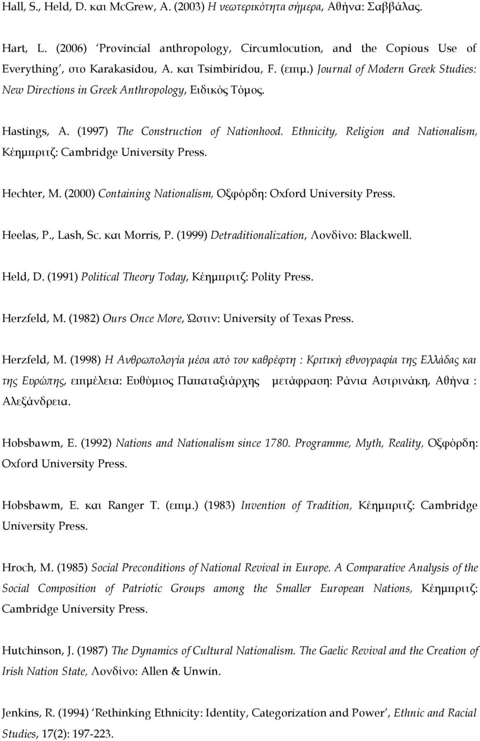 Ethnicity, Religion and Nationalism, Κέηµπριτζ: Cambridge University Press. Hechter, M. (2000) Containing Nationalism, Οξφόρδη: Oxford University Press. Heelas, P., Lash, Sc. και Morris, P.