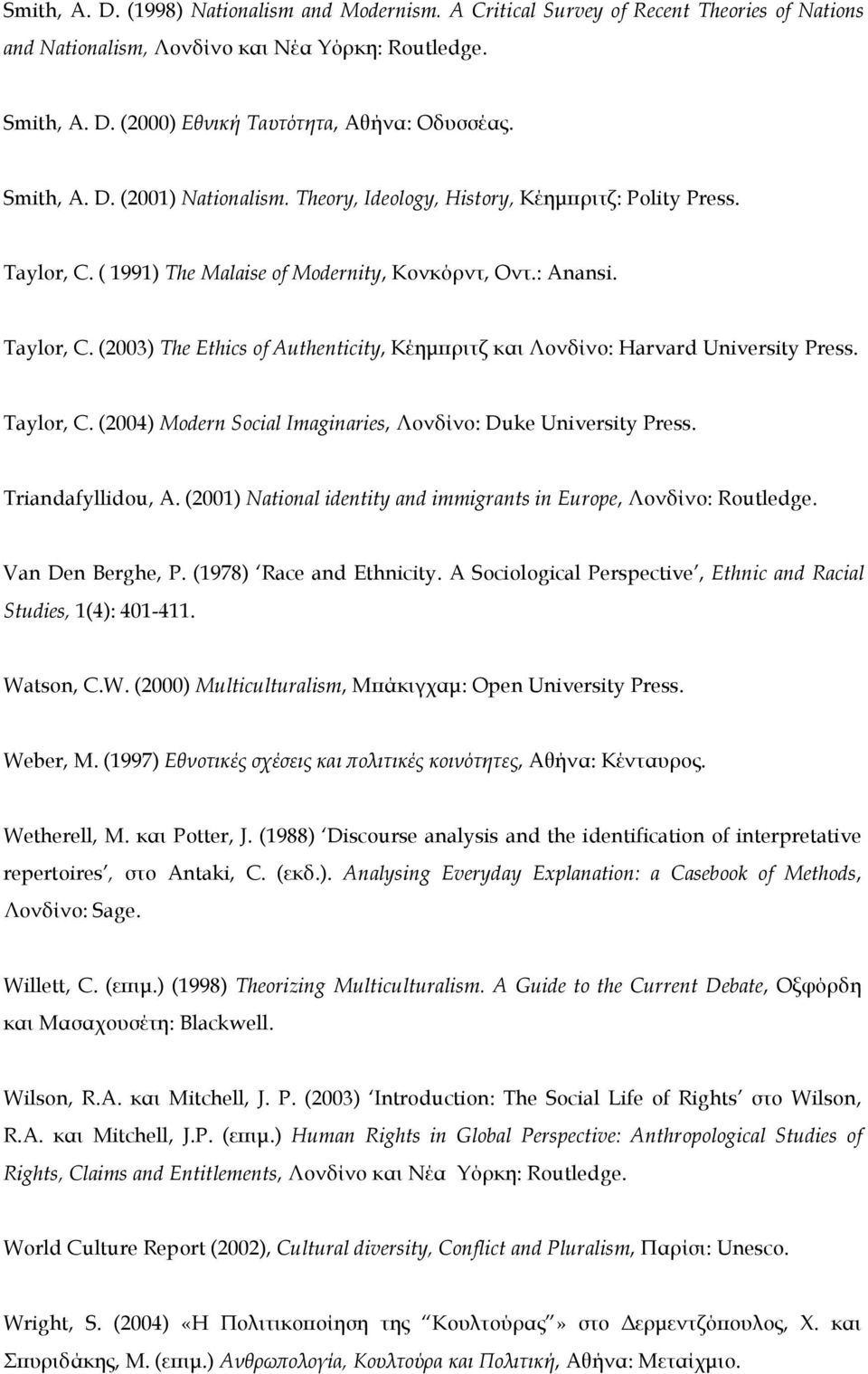 Taylor, C. (2004) Modern Social Imaginaries, Λονδίνο: Duke University Press. Triandafyllidou, A. (2001) National identity and immigrants in Europe, Λονδίνο: Routledge. Van Den Berghe, P.