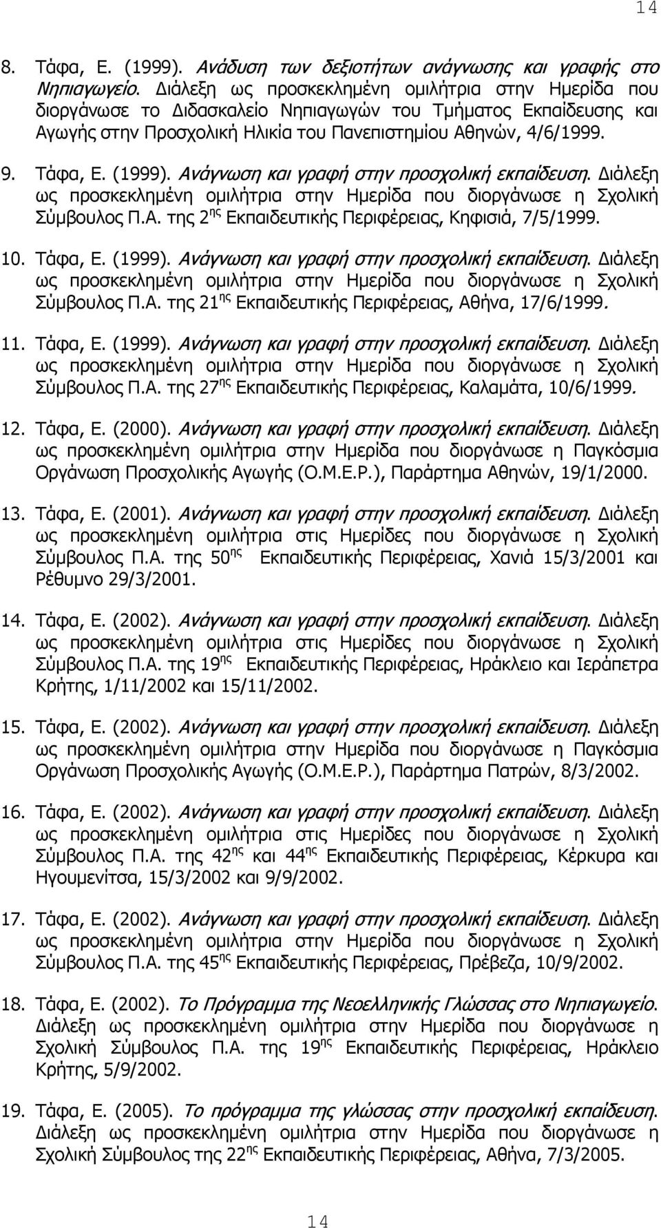 (1999). Ανάγνωση και γραφή στην προσχολική εκπαίδευση. Διάλεξη ως προσκεκλημένη ομιλήτρια στην Ημερίδα που διοργάνωσε η Σχολική Σύμβουλος Π.Α. της 2 ης Εκπαιδευτικής Περιφέρειας, Κηφισιά, 7/5/1999.