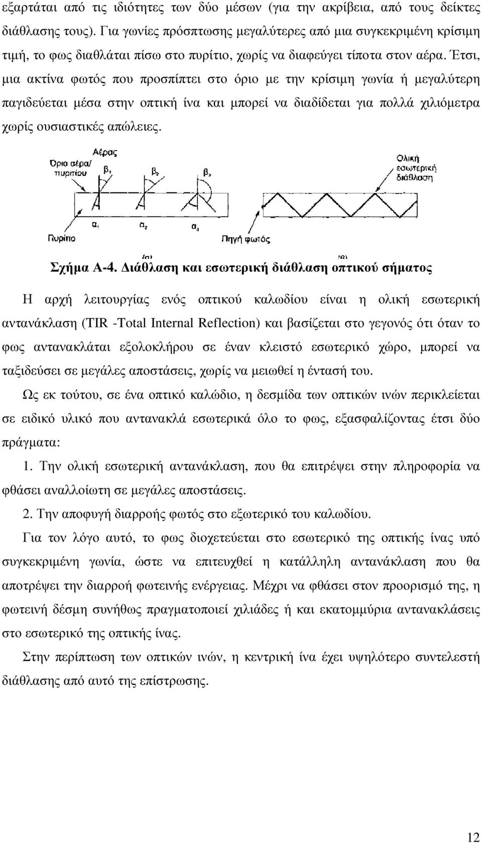 Έτσι, µια ακτίνα φωτός που προσπίπτει στο όριο µε την κρίσιµη γωνία ή µεγαλύτερη παγιδεύεται µέσα στην οπτική ίνα και µπορεί να διαδίδεται για πολλά χιλιόµετρα χωρίς ουσιαστικές απώλειες. Σχήµα Α-4.