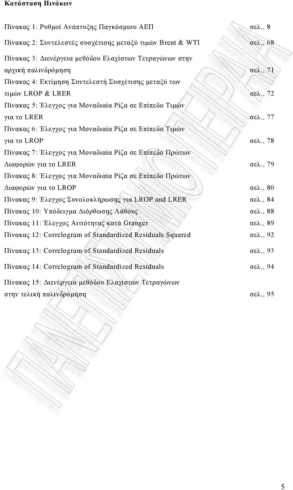 , 72 Πίνακας 5: Έλεγχος για Μοναδιαία Ρίζα σε Επίπεδο Τιμών για το LRER σελ., 77 Πίνακας 6: Έλεγχος για Μοναδιαία Ρίζα σε Επίπεδο Τιμών για το LROP σελ.