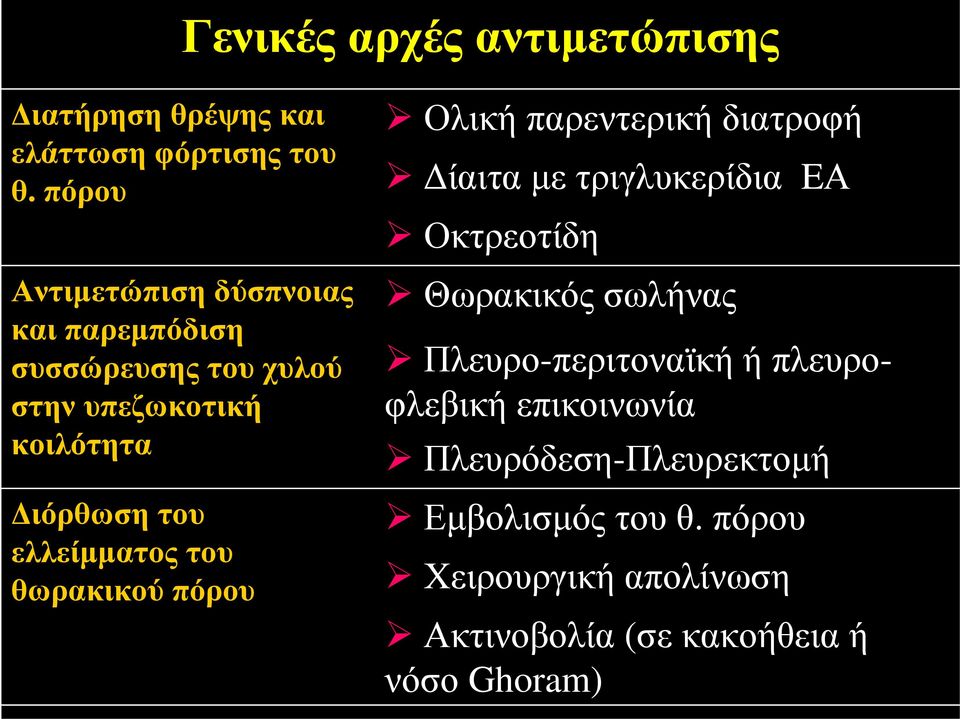 ελλείμματος του θωρακικού πόρου Ολική παρεντερική διατροφή Δίαιτα με τριγλυκερίδια EΑ Οκτρεοτίδη Θωρακικός