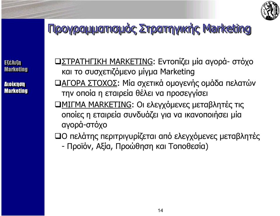 ΜΙΓΜΑ MARKETING: Οι ελεγχόμενες μεταβλητές τις οποίες η εταιρεία συνδυάζει για να ικανοποιήσει μία