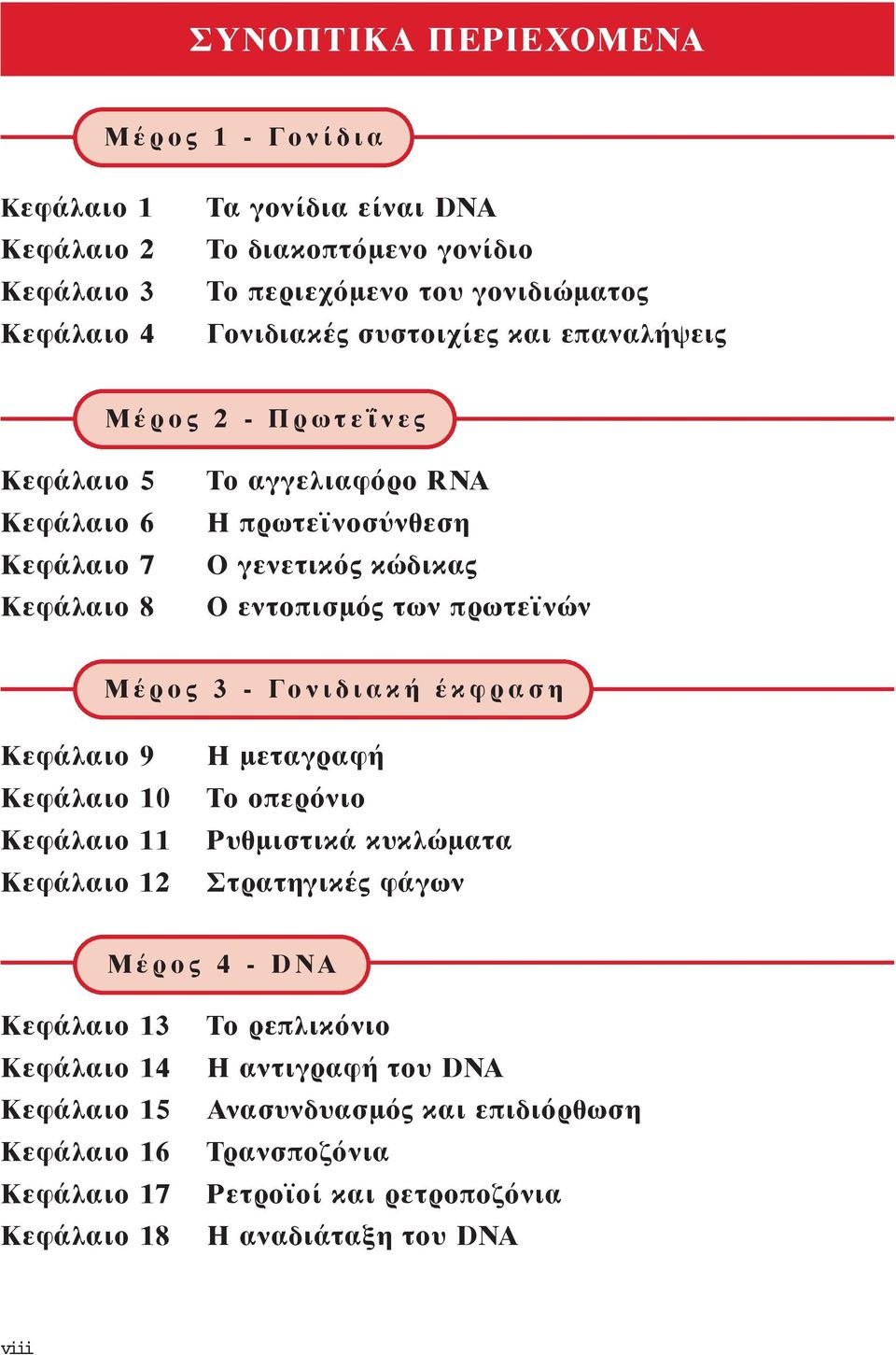 Μέρος 3 - Γονιδιακή έκφραση Κεφάλαιο 9 Κεφάλαιο 10 Kεφάλαιο 11 Kεφάλαιο 12 Η μεταγραφή Το οπερόνιο Pυθμιστικά κυκλώματα Στρατηγικές φάγων Μέρος 4 - DNA Κεφάλαιο 13 Κεφάλαιο