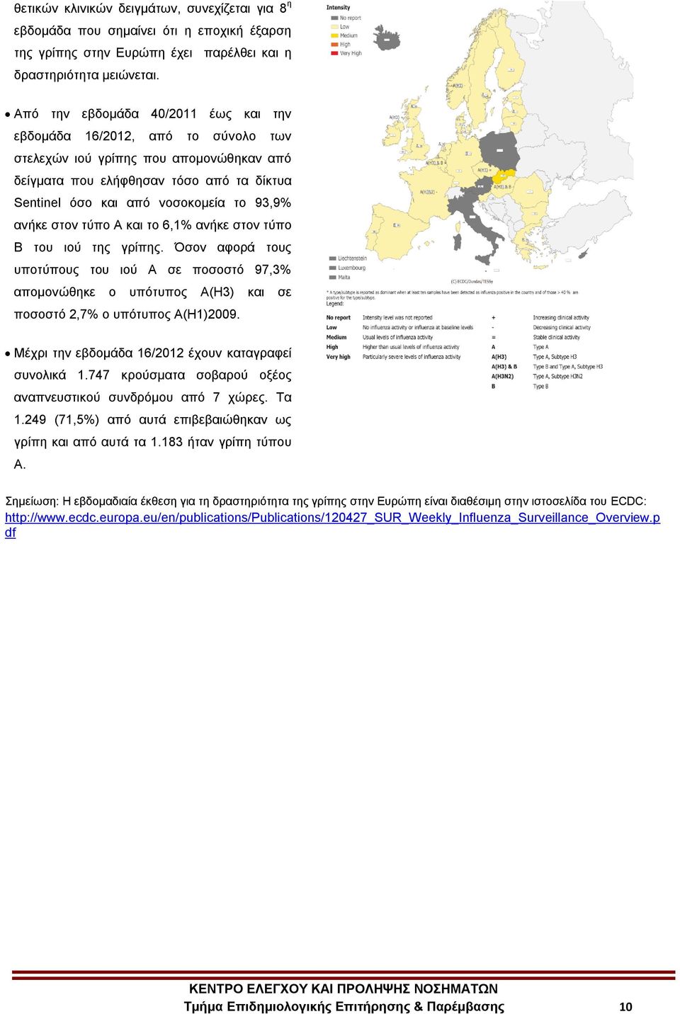 αλήθε ζηνλ ηύπν Α θαη ην 6,1% αλήθε ζηνλ ηύπν Β ηνπ ηνύ ηεο γξίπεο. Όζνλ αθνξά ηνπο ππνηύπνπο ηνπ ηνύ Α ζε πνζνζηό 97,3% απνκνλώζεθε ν ππόηππνο Α(Η3) θαη ζε πνζνζηό 2,7% ν ππόηππνο Α(Η1)2009.