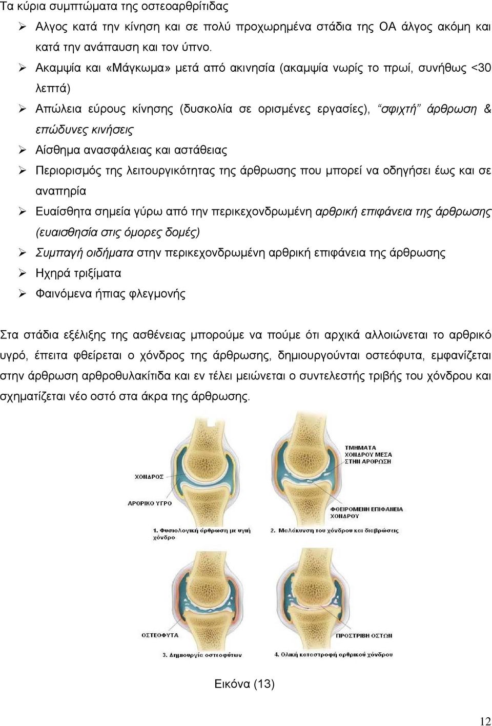αστάθειας Περιορισμός της λειτουργικότητας της άρθρωσης που μπορεί να οδηγήσει έως και σε αναπηρία Ευαίσθητα σημεία γύρω από την περικεχονδρωμένη αρθρική επιφάνεια της άρθρωσης (ευαισθησία στις