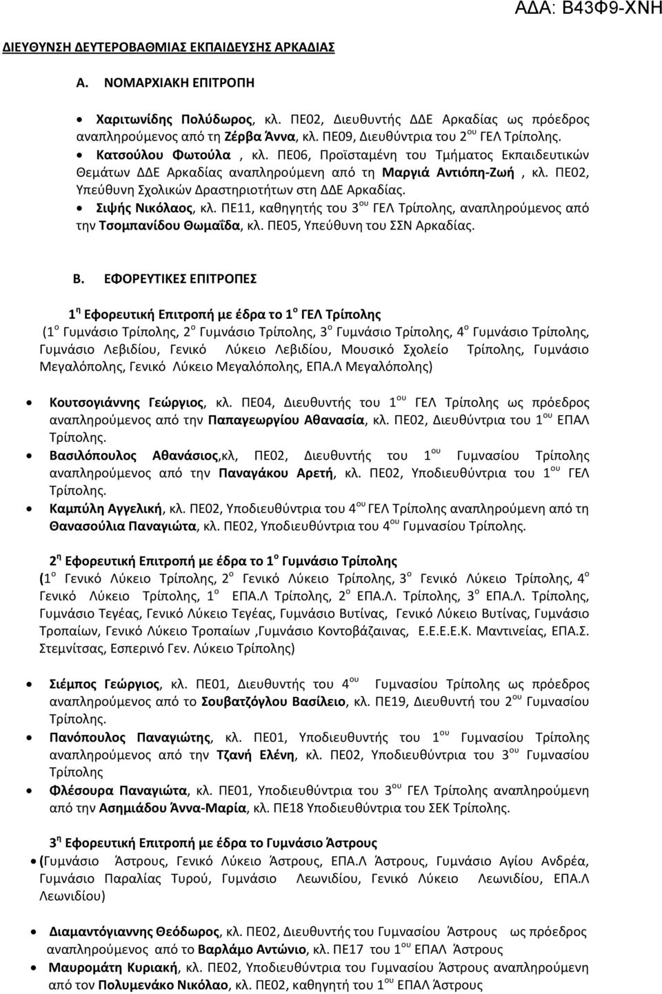 Σιψής Νικόλαος, κλ. ΠΕ11, καθηγητής του 3 ου ΓΕΛ Τρίπολης, αναπληρούμενος από την Τσομπανίδου Θωμαΐδα, κλ. ΠΕ05, Υπεύθυνη του ΣΣΝ Αρκαδίας.