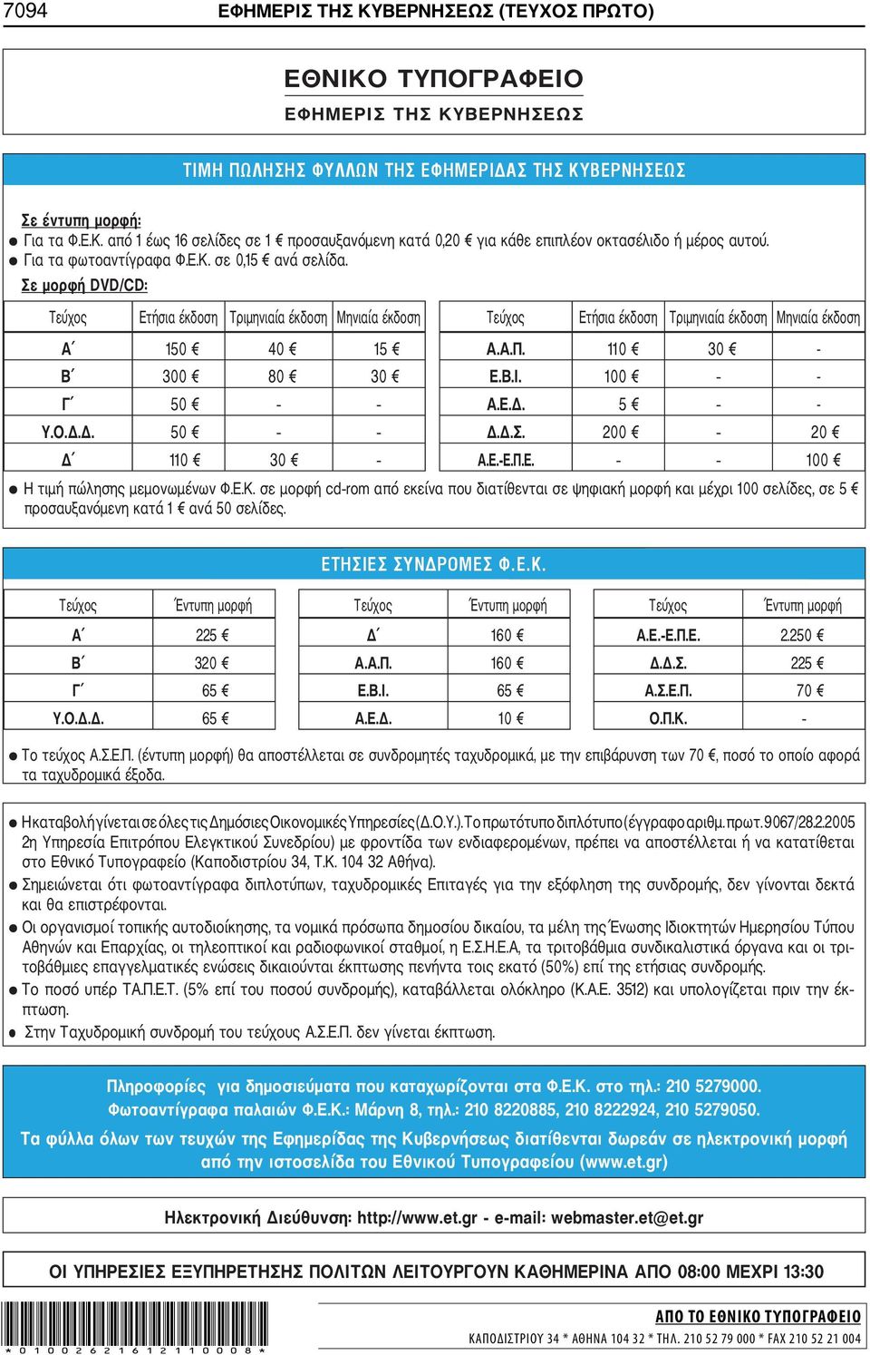 110 30 - Β 300 80 30 Ε.Β.Ι. 100 - Γ 50 Α.Ε.Δ. 5 - Υ.Ο.Δ.Δ. 50 Δ.Δ.Σ. 200 20 Δ 110 30 Α.Ε. Ε.Π.Ε. 100 Η τιμή πώλησης μεμονωμένων Φ.Ε.Κ.