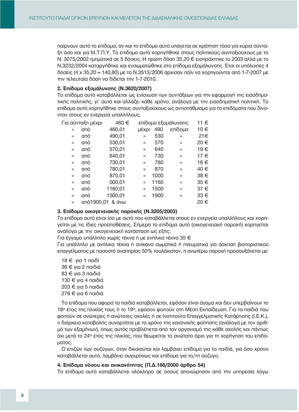 3232/2004 καταργήθηκε και ενσωµατώθηκε στο επίδοµα εξοµάλυνσης. Έτσι οι υπόλοιπες 4 δόσεις (4 χ 35,20 = 140,80) µε το Ν.