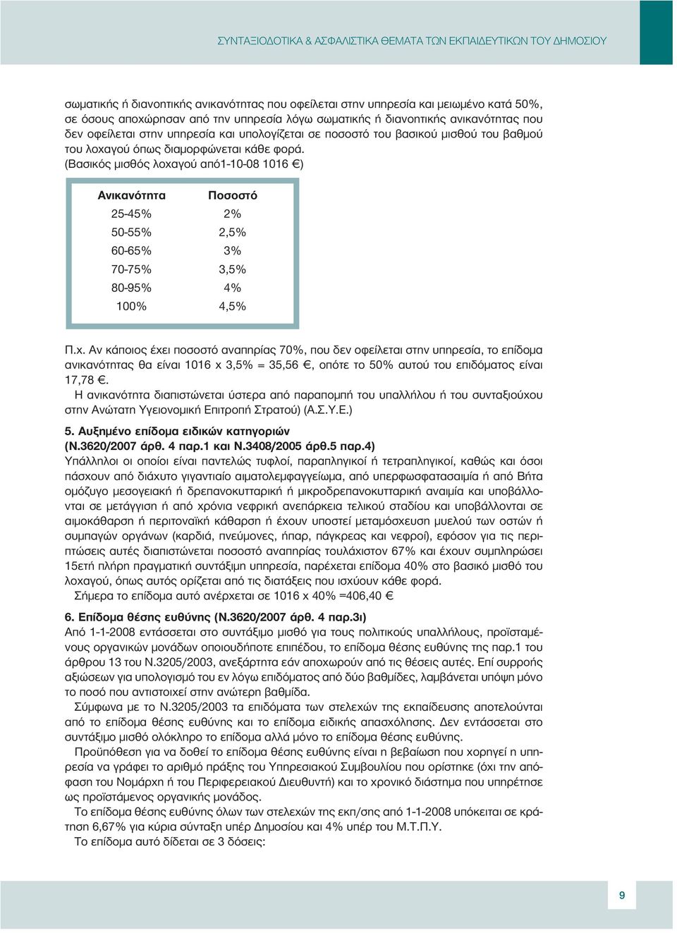 (Βασικός µισθός λοχαγού από1-10-08 1016 ) Ανικανότητα Ποσοστό 25-45% 2% 50-55% 2,5% 60-65% 3% 70-75% 3,5% 80-95% 4% 100% 4,5% Π.χ. Αν κάποιος έχει ποσοστό αναπηρίας 70%, που δεν οφείλεται στην υπηρεσία, το επίδοµα ανικανότητας θα είναι 1016 χ 3,5% = 35,56, οπότε το 50% αυτού του επιδόµατος είναι 17,78.