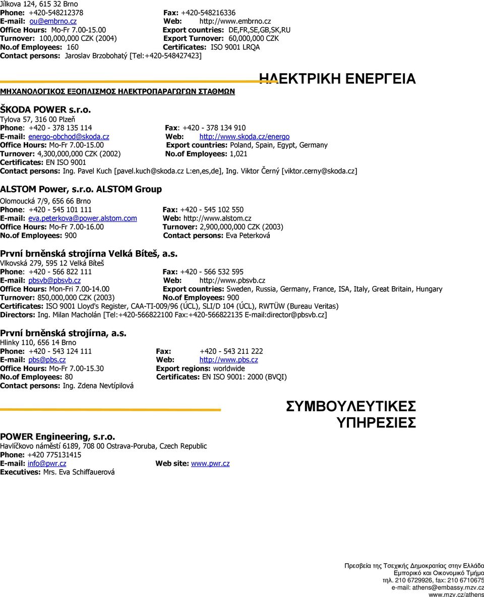 of Employees: 160 Certificates: ISO 9001 LRQA ontact persons: Jaroslav Brzobohatý [Tel:+420-548427423] ΜΗΧΟΛΟΓΙΚΟ ΞΟΠΛΙΜΟ ΗΛΚΤΟΠΓΩΓΩ ΤΘΜΩ ΗΛΚΤΙΚΗ ΓΙ ŠKODA POWER s.r.o. ylova 57, 316 00 Plzeň Phone: +420-378 135 114 Fax: +420-378 134 910 -mail: energo-obchod@skoda.