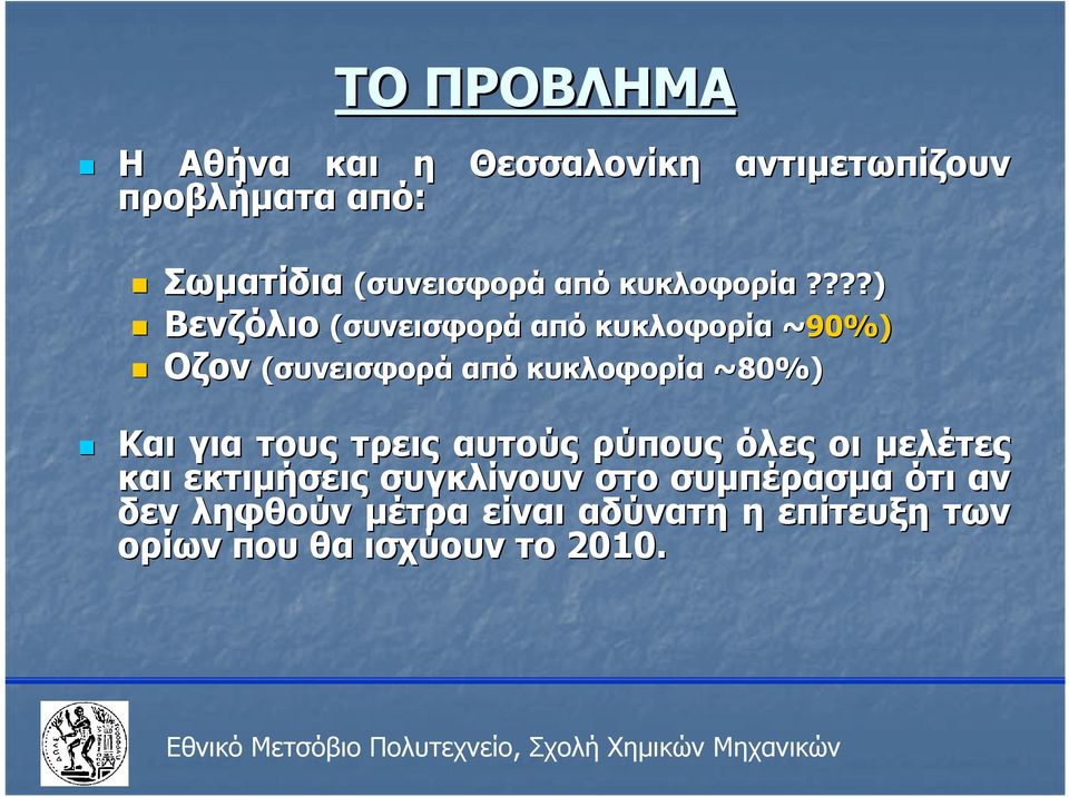 ???) Βενζόλιο (συνεισφορά από κυκλοφορία ~9%) Οζον (συνεισφορά από κυκλοφορία ~8%) Σωματίδια