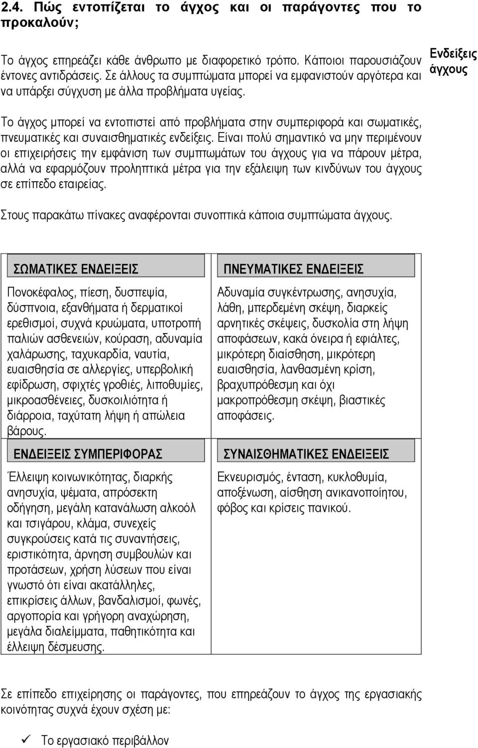 Το άγχος μπορεί να εντοπιστεί από προβλήματα στην συμπεριφορά και σωματικές, πνευματικές και συναισθηματικές ενδείξεις.