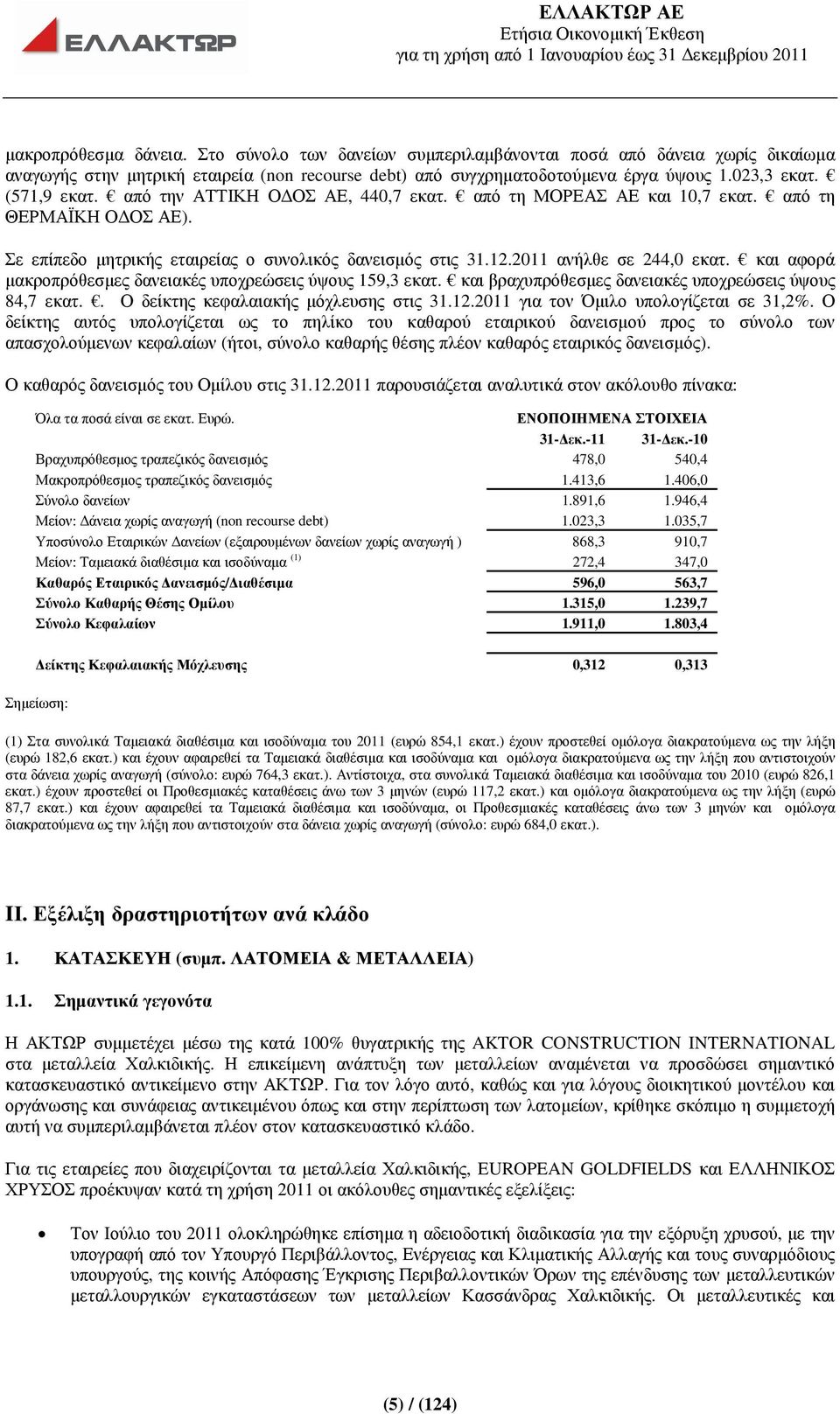 από την ΑΤΤΙΚΗ Ο ΟΣ ΑΕ, 440,7 εκατ. από τη ΜΟΡΕΑΣ ΑΕ και 10,7 εκατ. από τη ΘΕΡΜΑΪΚΗ Ο ΟΣ ΑΕ). Σε επίπεδο µητρικής εταιρείας ο συνολικός δανεισµός στις 31.12.2011 ανήλθε σε 244,0 εκατ.