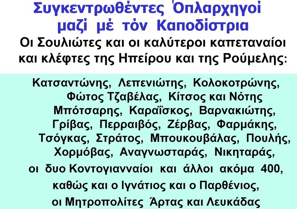 Βαρνακιώτης, Γρίβας, Περραιβός, Ζέρβας, Φαρμάκης, Τσόγκας, Στράτος, Μπουκουβάλας, Πουλής, Χορμόβας, Αναγνωσταράς,