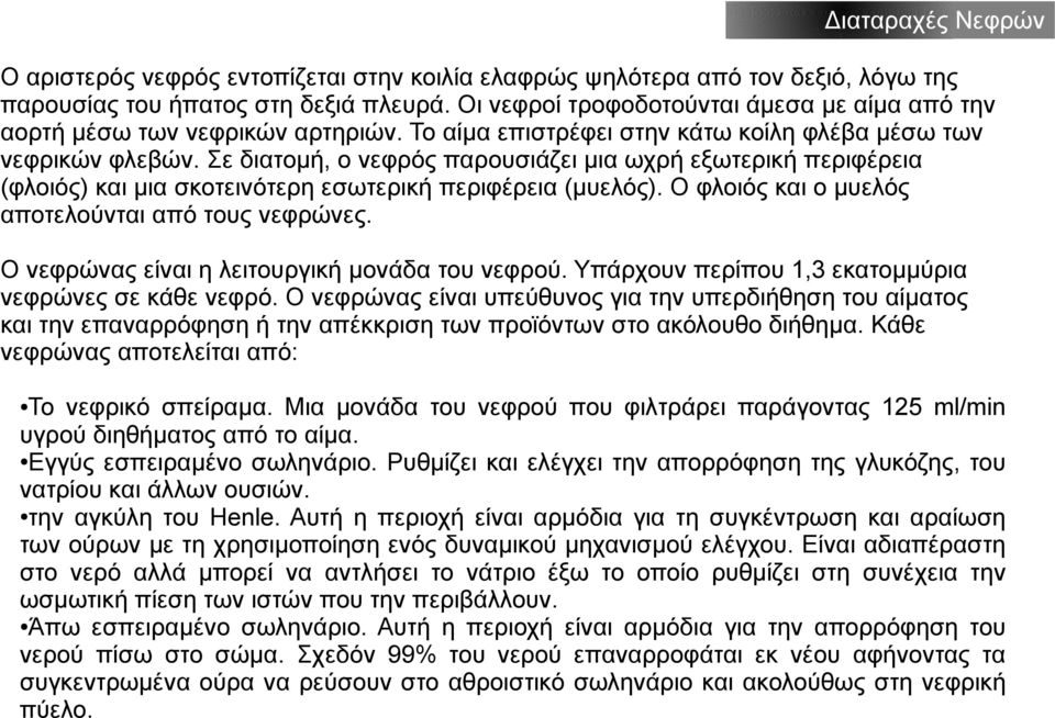 Σε διατομή, ο νεφρός παρουσιάζει μια ωχρή εξωτερική περιφέρεια (φλοιός) και μια σκοτεινότερη εσωτερική περιφέρεια (μυελός). Ο φλοιός και ο μυελός αποτελούνται από τους νεφρώνες.