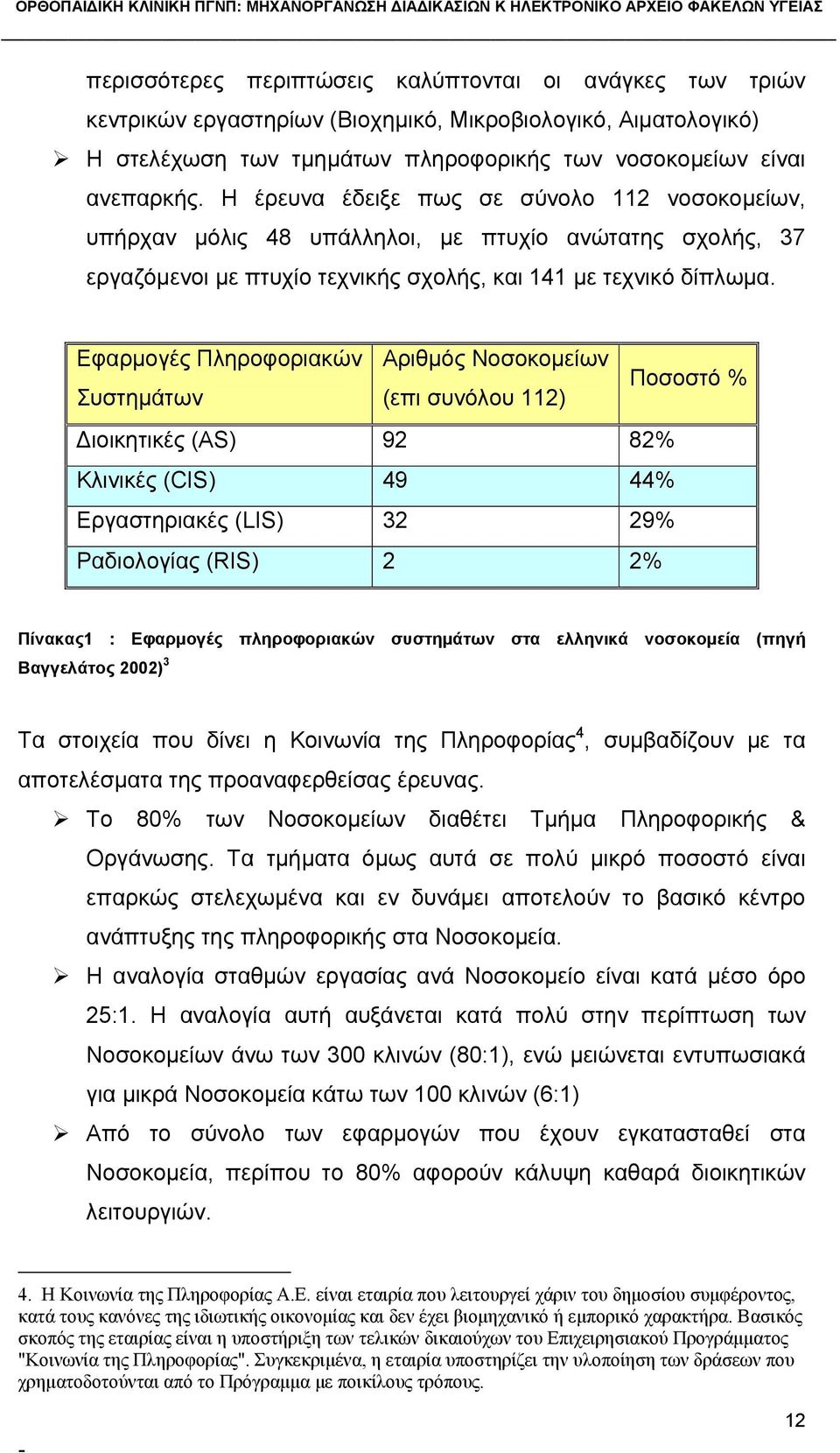 Εφαρμογές Πληροφοριακών Αριθμός Νοσοκομείων Συστημάτων (επι συνόλου 112) Ποσοστό % Διοικητικές (AS) 92 82% Κλινικές (CIS) 49 44% Εργαστηριακές (LIS) 32 29% Ραδιολογίας (RIS) 2 2% Πίνακας1 : Εφαρμογές