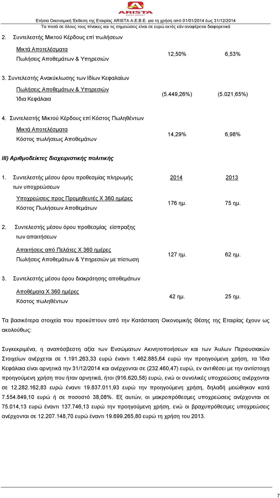 Συντελεστής Μικτού Κέρδους επί Κόστος Πωληθέντων Μικτά Αποτελέσματα Κόστος πωλήσεως Αποθεμάτων 14,29% 6,98% III) Αριθμοδείκτες διαχειριστικής πολιτικής 1.