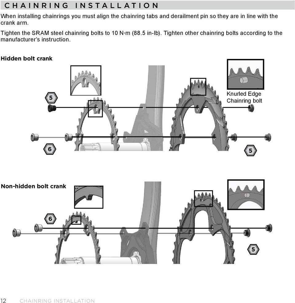 Tighten the SRAM steel chainring bolts to 10 N m (88.5 in-lb).