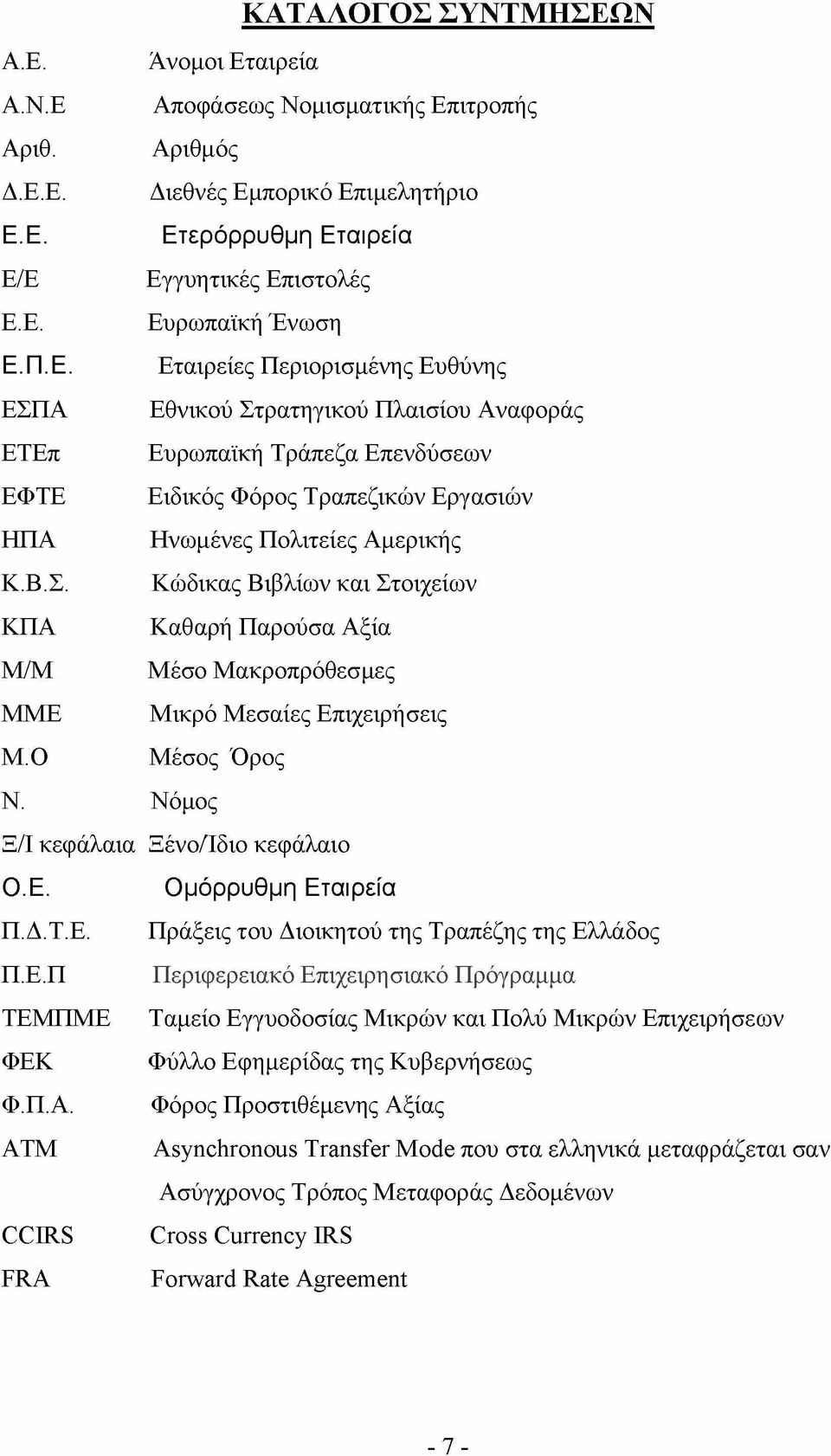 Ο Μέσος Όρος Ν. Νόμος Ξ/Ι κεφάλαια Ξένο/Ίδιο κεφάλαιο Ο.Ε. Ομόρρυθμη Εταιρεία Π.Δ.Τ.Ε. Πράξεις του Διοικητού της Τραπέζης της Ελλάδος Π.Ε.Π Περιφερειακό Επιχειρησιακό Πρόγραμμα ΤΕΜΠΜΕ Ταμείο Εγγυοδοσίας Μικρών και Πολύ Μικρών Επιχειρήσεων ΦΕΚ Φύλλο Εφημερίδας της Κυβερνήσεως Φ.