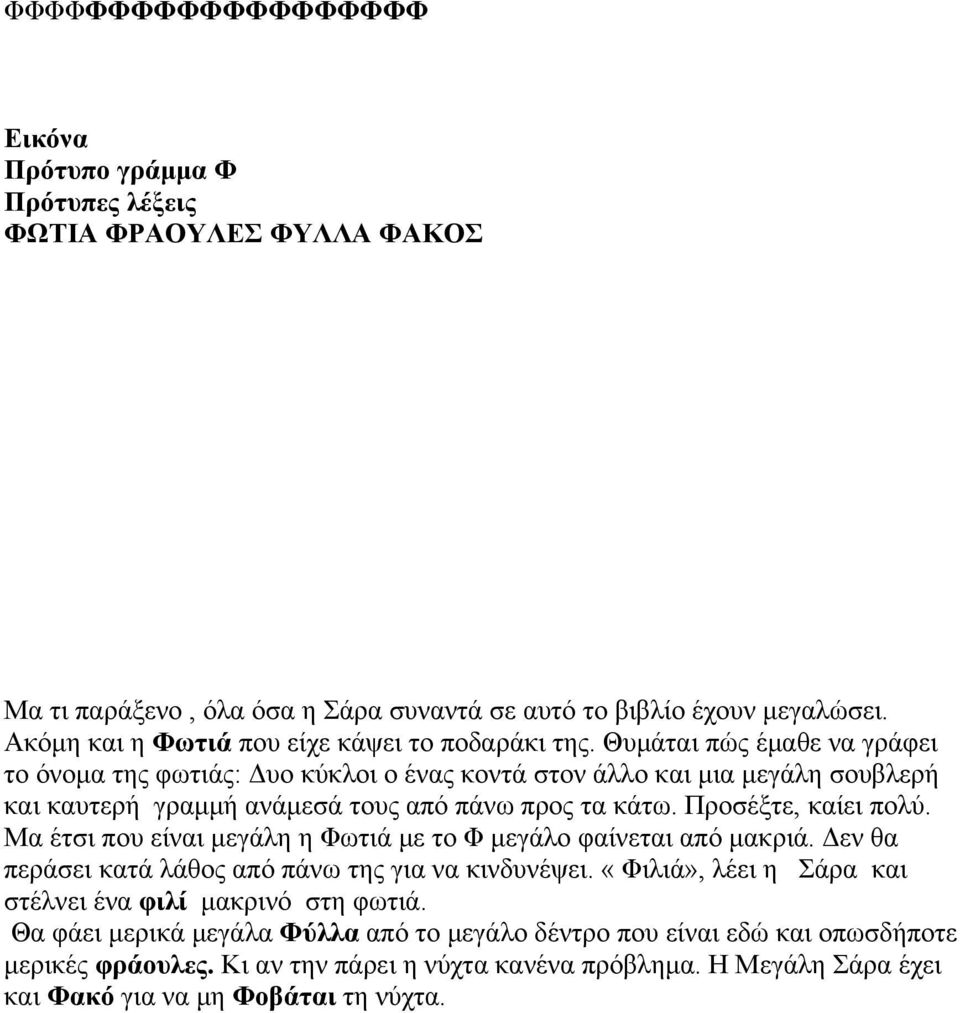 Θυμάται πώς έμαθε να γράφει το όνομα της φωτιάς: Δυο κύκλοι ο ένας κοντά στον άλλο και μια μεγάλη σουβλερή και καυτερή γραμμή ανάμεσά τους από πάνω προς τα κάτω. Προσέξτε, καίει πολύ.