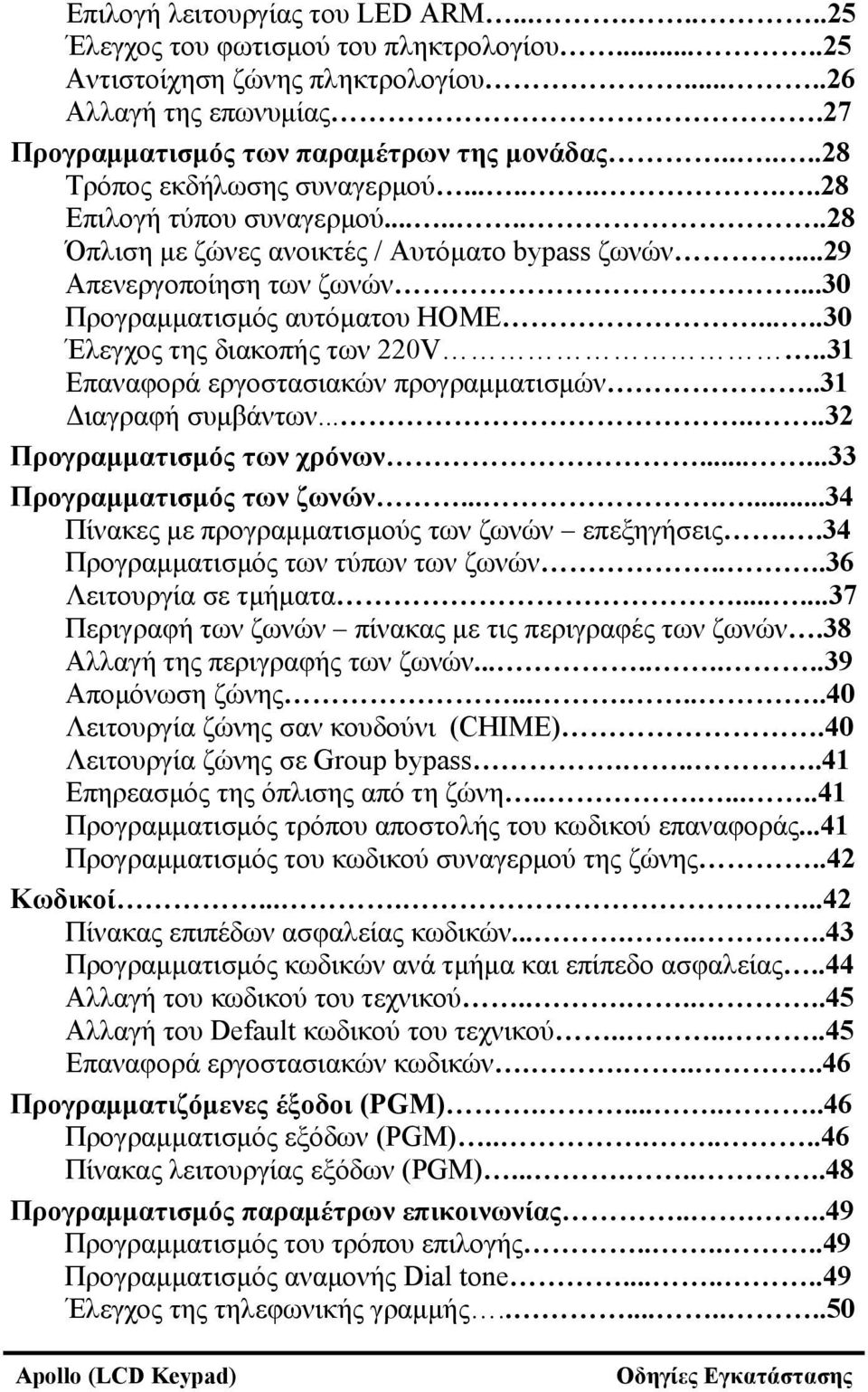 ....30 Έλεγχος της διακοπής των 220V..31 Επαναφορά εργοστασιακών προγραμματισμών..31 Διαγραφή συμβάντων.......32 Προγραμματισμός των χρόνων......33 Προγραμματισμός των ζωνών.