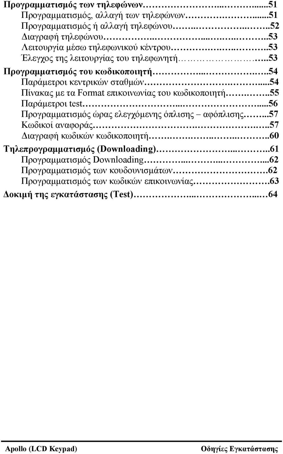 ..55 Παράμετροι test......56 Προγραμματισμός ώρας ελεγχόμενης όπλισης αφόπλισης...57 Κωδικοί αναφοράς....57 Διαγραφή κωδικών κωδικοποιητή........60 Τηλεπρογραμματισμός (Downloading).