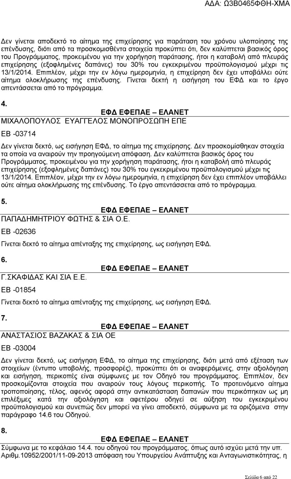 Επιπλέον, μέχρι την εν λόγω ημερομηνία, η επιχείρηση δεν έχει υποβάλλει ούτε αίτημα ολοκλήρωσης της επένδυσης. Γίνεται δεκτή η εισήγηση του ΕΦΔ και το έργο απεντάσσεται από το πρόγραμμα. 4.