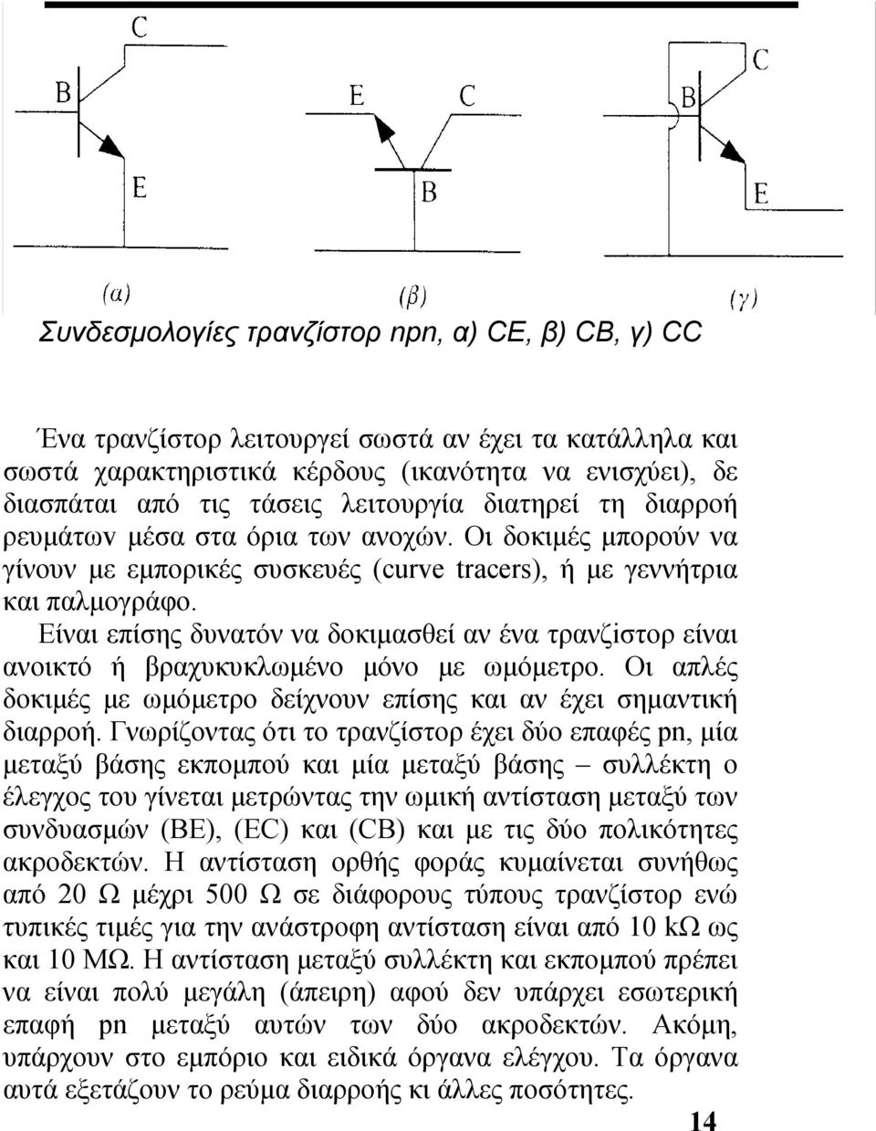 Είναι επίσης δυνατόν να δοκιμασθεί αν ένα τρανζiστορ είναι ανοικτό ή βραχυκυκλωμένο μόνο με ωμόμετρο. Οι απλές δoκιμές με ωμόμετρο δείχνουν επίσης και αν έχει σημαντική διαρροή.