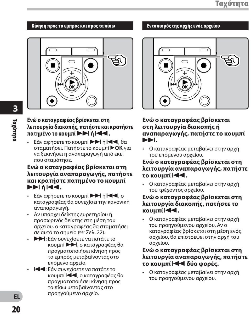 Ενώ ο καταγραφέας βρίσκεται στη λειτουργία αναπαραγωγής, πατήστε και κρατήστε πατημένο το κουμπί 9 ή 0. Εάν αφήσετε το κουμπί 9 ή 0, ο καταγραφέας θα συνεχίσει την κανονική αναπαραγωγή.