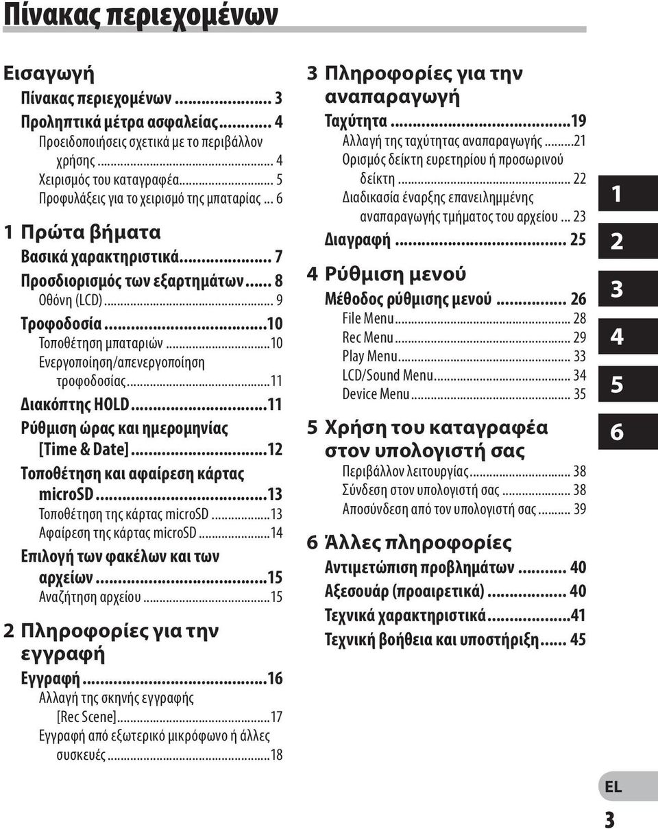 ..10 Ενεργοποίηση/απενεργοποίηση τροφοδοσίας...11 Διακόπτης HOLD...11 Ρύθμιση ώρας και ημερομηνίας [Time & Date]...12 Τοποθέτηση και αφαίρεση κάρτας microsd...13 Τοποθέτηση της κάρτας microsd.