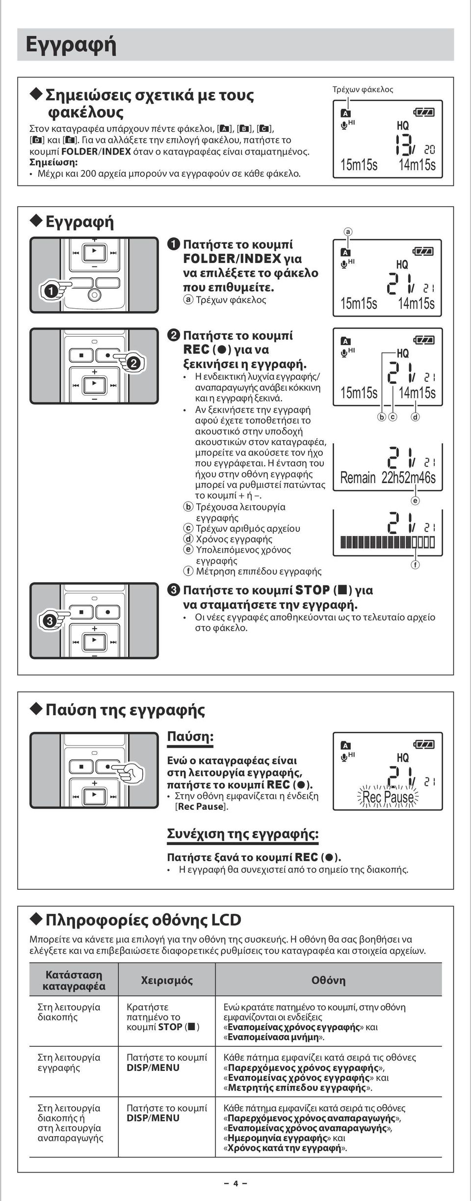 Τρέχων φάκελος 15m15s 14m15s h Εγγραφή 1 Πατήστε το κουμπί FOLDER/INDEX για να επιλέξετε το φάκελο που επιθυμείτε.