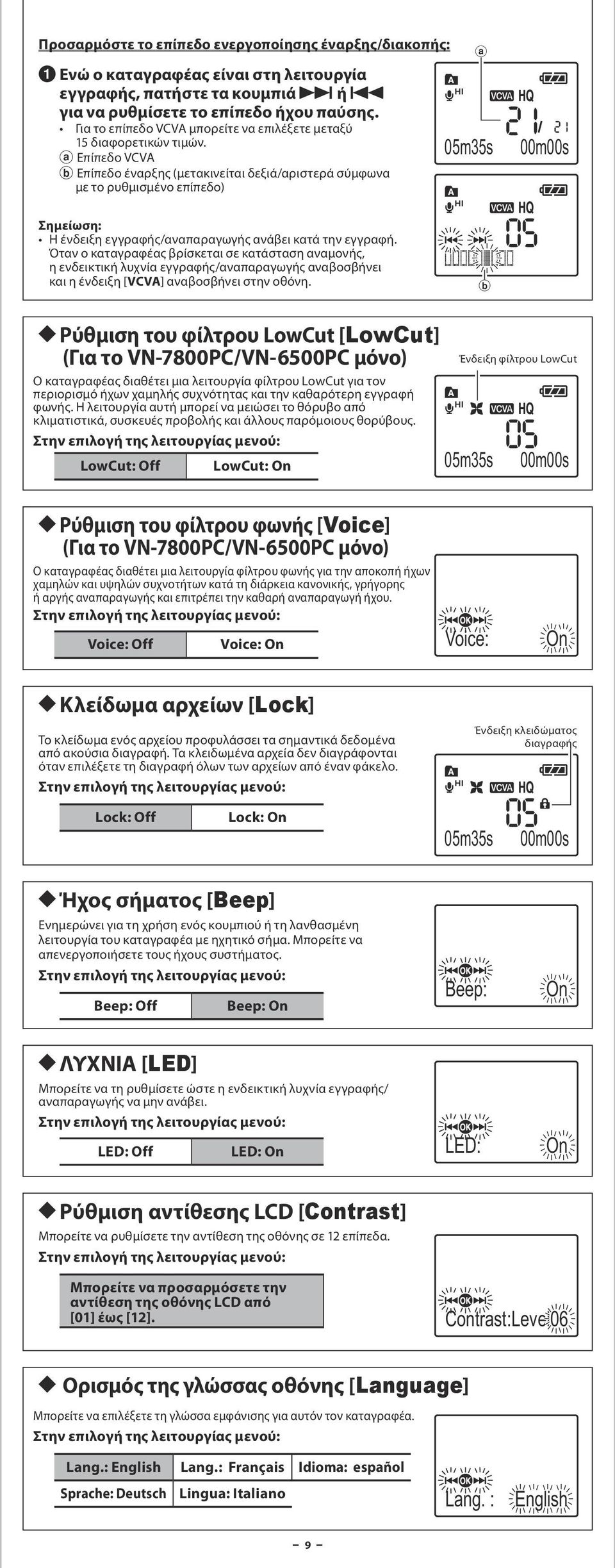 a Επίπεδο VCVA b Επίπεδο έναρξης (μετακινείται δεξιά/αριστερά σύμφωνα με το ρυθμισμένο επίπεδο) a 05m35s 00m00s Σημείωση: Η ένδειξη εγγραφής/αναπαραγωγής ανάβει κατά την εγγραφή.