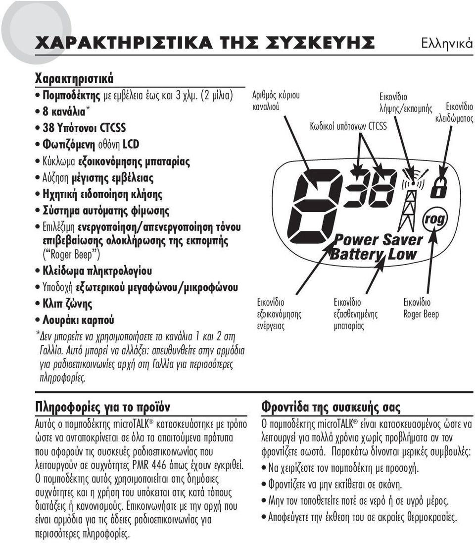 ενεργοποίηση/απενεργοποίηση τόνου επιβεβαίωσης ολοκλήρωσης της εκποµπής ( Roger Beep ) Κλείδωµα πληκτρολογίου Υποδοχή εξωτερικού µεγαφώνου/µικροφώνου Κλιπ ζώνης Λουράκι καρπού * εν µπορείτε να