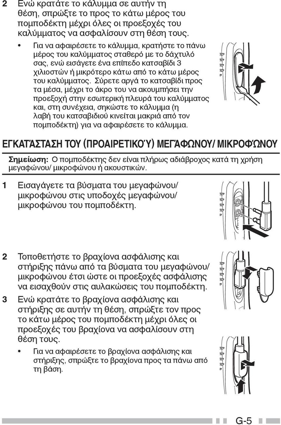 Σύρετε αργά το κατσαβίδι προς τα μέσα, μέχρι το άκρο του να ακουμπήσει την προεξοχή στην εσωτερική πλευρά του καλύμματος και, στη συνέχεια, σηκώστε το κάλυμμα (η λαβή του κατσαβιδιού κινείται μακριά