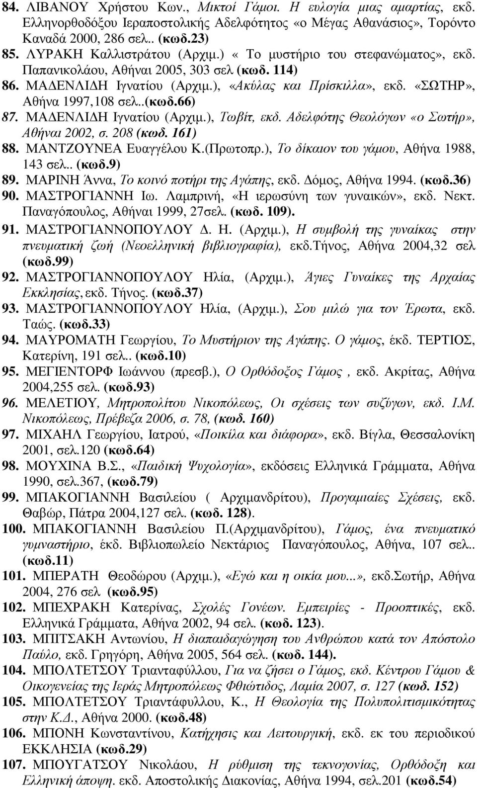 «ΣΩΤΗΡ», Αθήνα 1997, 108 σελ..(κωδ.66) 87. ΜΑ ΕΝΛΙ Η Ιγνατίου (Αρχιµ.), Τωβίτ, εκδ. Αδελφότης Θεολόγων «ο Σωτήρ», Αθήναι 2002, σ. 208 (κωδ. 161) 88. ΜΑΝΤΖΟΥΝΕΑ Ευαγγέλου Κ.(Πρωτοπρ.