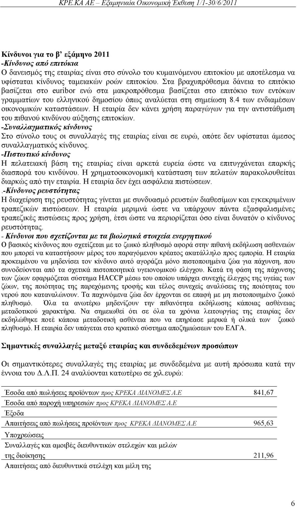 4 των ενδιαμέσων οικονομικών καταστάσεων. Η εταιρία δεν κάνει χρήση παραγώγων για την αντιστάθμιση του πιθανού κινδύνου αύξησης επιτοκίων.