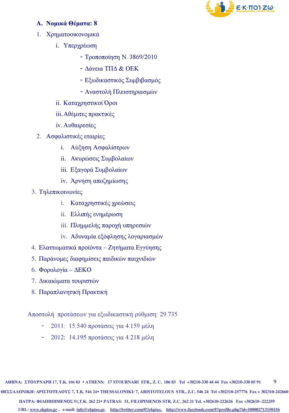 Καταχρηστικές χρεώσεις ii. Ελλιπής ενημέρωση iii. Πλημμελής παροχή υπηρεσιών iv. Αδυναμία εξόφλησης λογαριασμών 4. Ελαττωματικά προϊόντα Ζητήματα Εγγύησης 5.