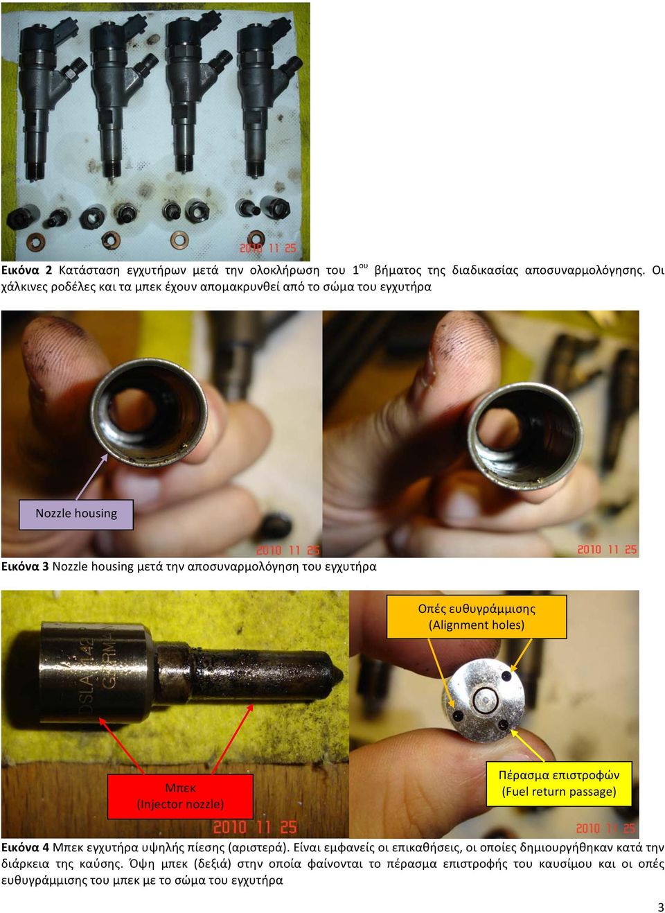 Οπές ευθυγράμμισης (Alignment holes) Μπεκ (Injector nozzle) Πέρασμα επιστροφών (Fuel return passage) Εικόνα 4 Μπεκ εγχυτήρα υψηλής πίεσης (αριστερά).