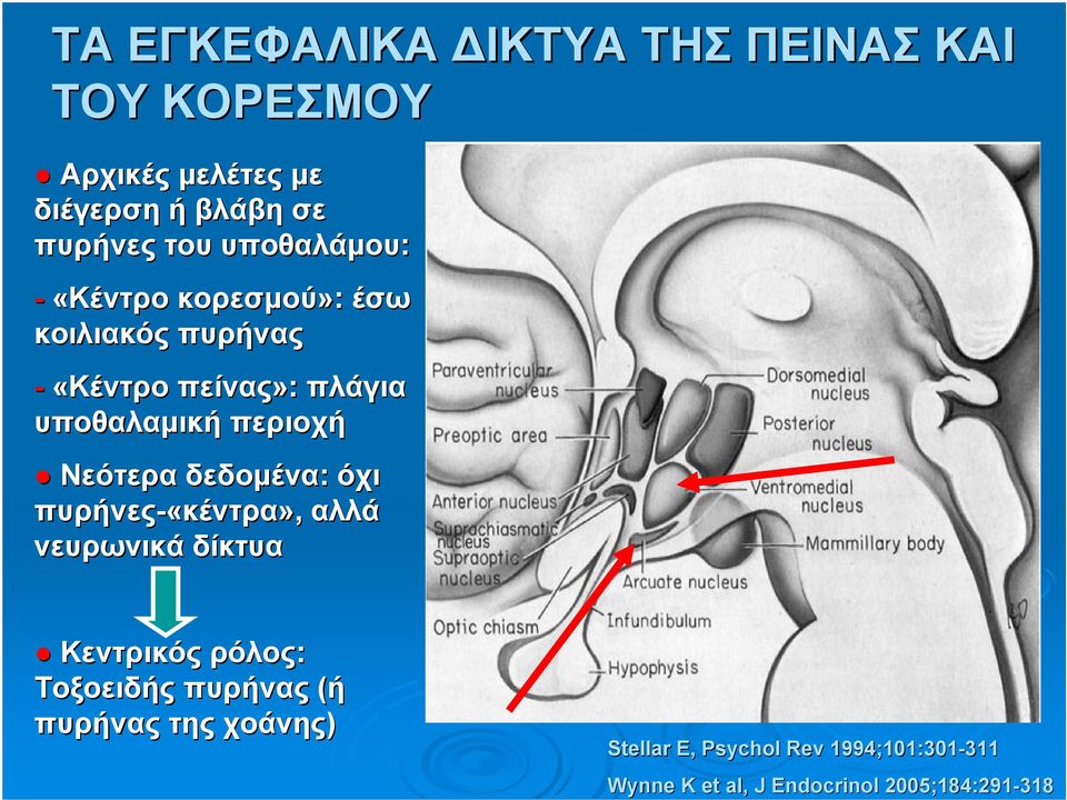 Νεότερα δεδομένα: όχι πυρήνες-«κέντρα κέντρα», αλλά νευρωνικά δίκτυα Κεντρικός ρόλος: Τοξοειδής πυρήνας