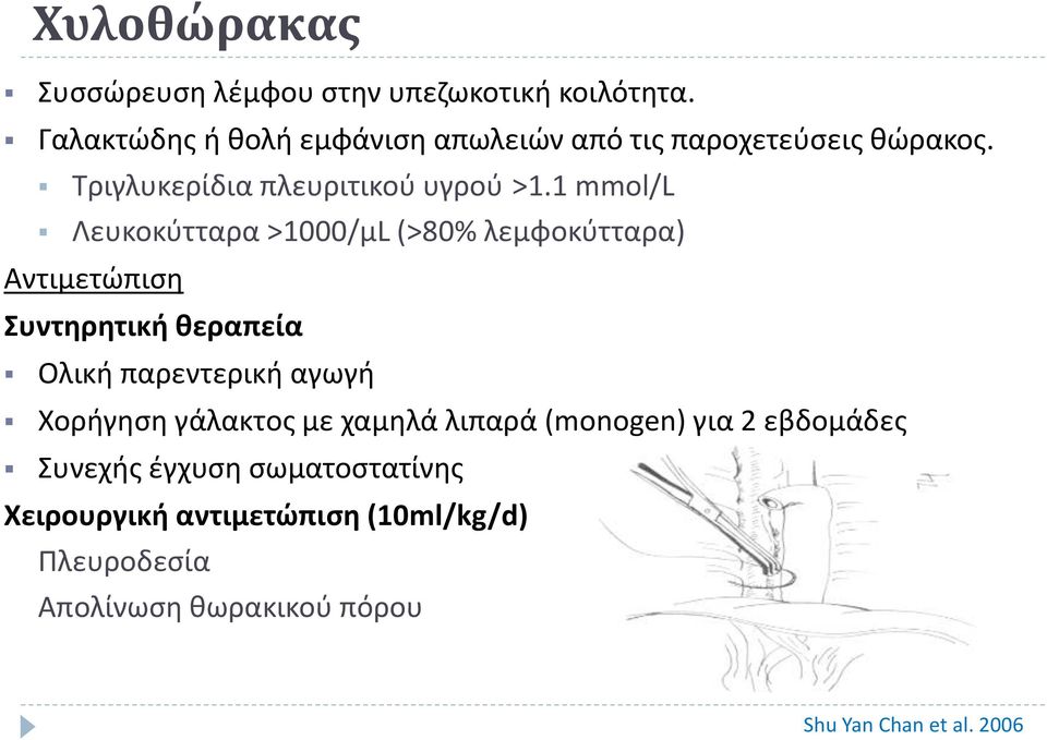 1 mmol/l Λευκοκύτταρα >1000/μL (>80% λεμφοκύτταρα) Αντιμετώπιση Συντηρητική θεραπεία Ολική παρεντερική αγωγή