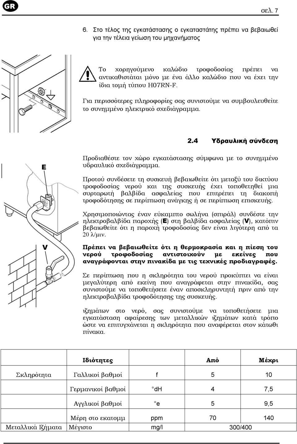 την ίδια τοµή τύπου H07RN-F. Για περισσότερες πληροφορίες σας συνιστούµε να συµβουλευθείτε το συνηµµένο ηλεκτρικό σχεδιάγραµµα. 2.